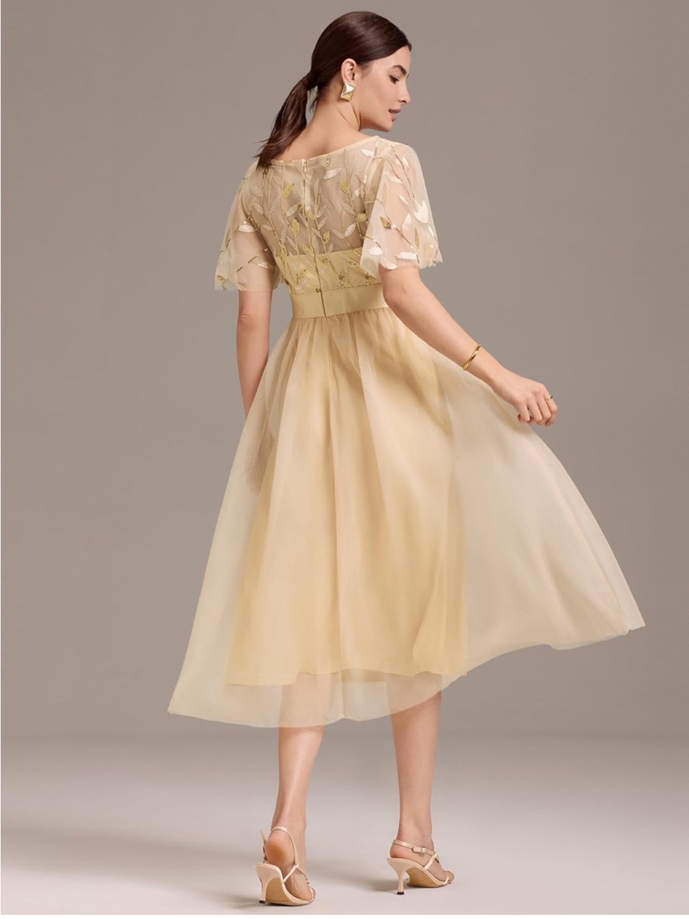 Elegant Cream Tulle Midi Dress with Sequin Bodice - Picture 2 of 3